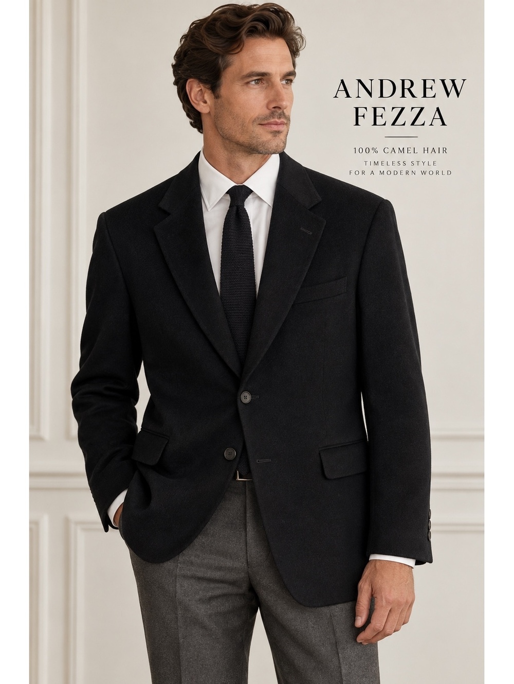 Andrew Fezza Mens 40R 100% Camel Hair Blazer Black Sport Coat Luxury Vintage